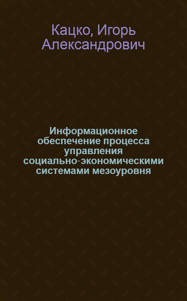 Информационное обеспечение процесса управления социально-экономическими системами мезоуровня: теория, методология, инструментарий : автореф. дис. на соиск. учен. степ. д-ра экон. наук : специальность 05.13.10 <Упр. в соц. и экон. системах>