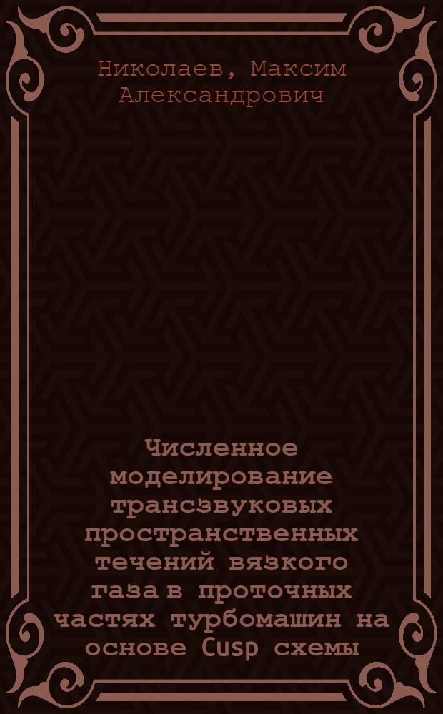 Численное моделирование трансзвуковых пространственных течений вязкого газа в проточных частях турбомашин на основе Cusp схемы : автореф. дис. на соиск. учен. степ. канд. физ.- мат. наук : специальность 01.02.05 <механика жидкости, газа и плазмы>