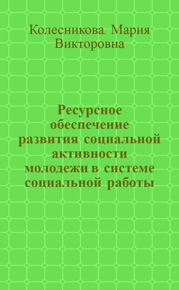 Ресурсное обеспечение развития социальной активности молодежи в системе социальной работы : монография