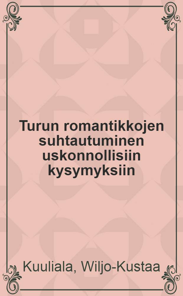 Turun romantikkojen suhtautuminen uskonnollisiin kysymyksiin : Tarkastetaan julkisesti Helsingin Yliopiston Jumaluusopillisen Tiedekunnan suostumuksella jumaluusopillisessa oppisalissa jouluk. 19 p:nä 1931 klo 12 = Романтики г. Турку в религиозных лиспутах. Публичные чтения Боголовского научного общества Хельсинского университета.