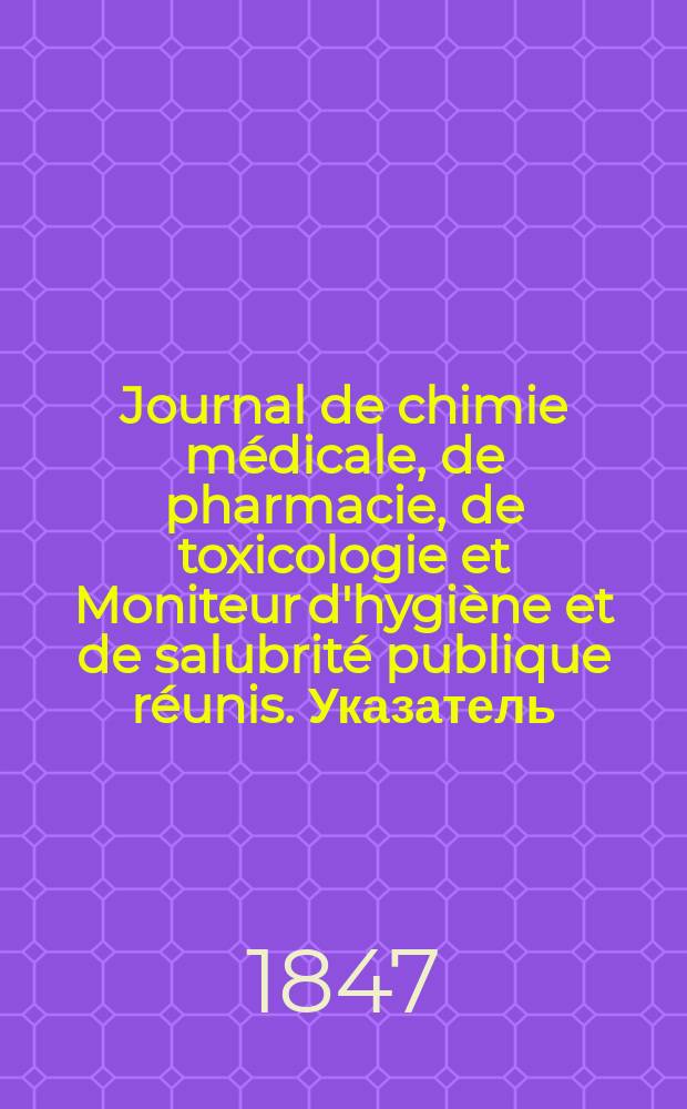 Journal de chimie médicale, de pharmacie, de toxicologie et Moniteur d'hygiène et de salubrité publique réunis. Указатель