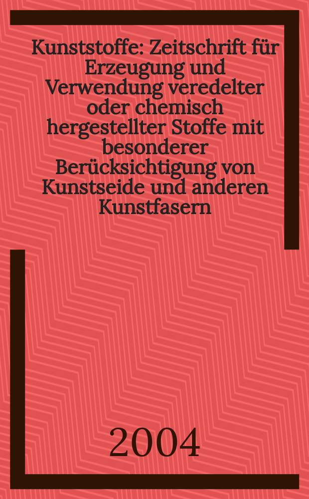Kunststoffe : Zeitschrift für Erzeugung und Verwendung veredelter oder chemisch hergestellter Stoffe mit besonderer Berücksichtigung von Kunstseide und anderen Kunstfasern, von vulkanisiertem, devulkanisiertem(wiedergewonnenem) und künstlichem Kautschuk, Guttapercha usw. sowie Ersatzstoffen, von Zellhorn (Zelluloid) und ähnlichen Zellstofferzeugnissen, von künstlichem Leder und Ledertuchen (Linoleum), von Kunstharzen, Kasein-Erzeugnissen usw. Jg.94, №7