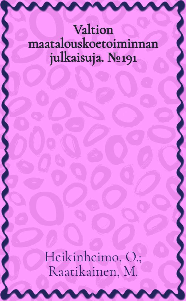 Valtion maatalouskoetoiminnan julkaisuja. №191 : Comparison of suction and netting methods in population investigations concerning the fauna of grass leys and cereal fields, particularly in those concerning the lea fhopper, Calligypona pellucida (F)