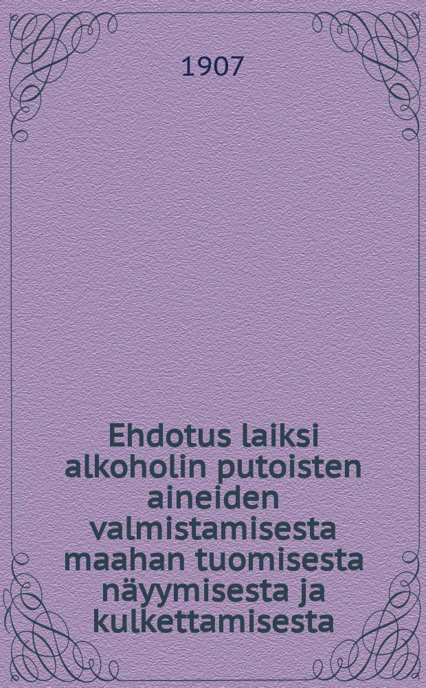 Ehdotus laiksi alkoholin putoisten aineiden valmistamisesta maahan tuomisesta n&auml;yymisesta ja kulkettamisesta