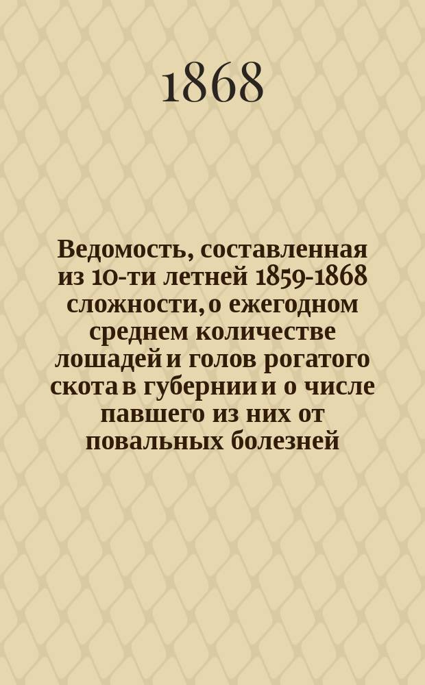 Ведомость, составленная из 10-ти летней 1859-1868 сложности, о ежегодном среднем количестве лошадей и голов рогатого скота в губернии и о числе павшего из них от повальных болезней