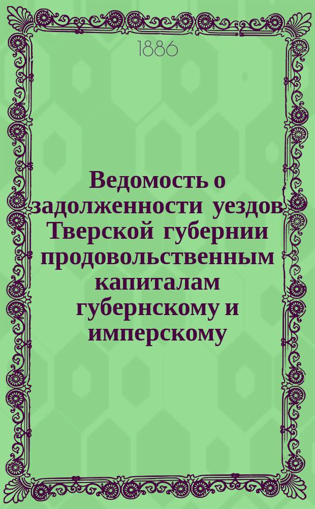 Ведомость о задолженности уездов [Тверской губернии] продовольственным капиталам губернскому и имперскому : К 1 янв. 1885 г