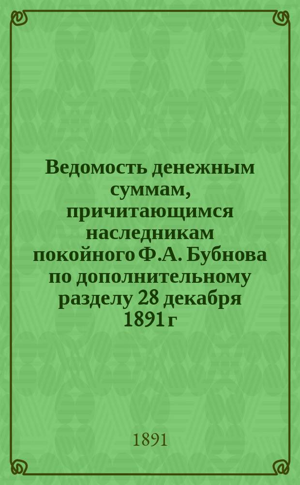 Ведомость денежным суммам, причитающимся наследникам покойного Ф.А. Бубнова по дополнительному разделу 28 декабря 1891 г.
