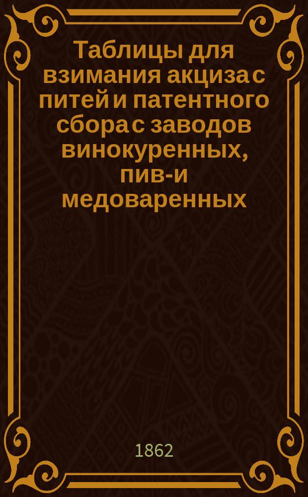 Таблицы для взимания акциза с питей и патентного сбора с заводов винокуренных, пиво- и медоваренных, составленные на основании высочайше утвержденного 4 июля 1861 года Положения о питейном сборе, инженер-технологом А. Никитиным