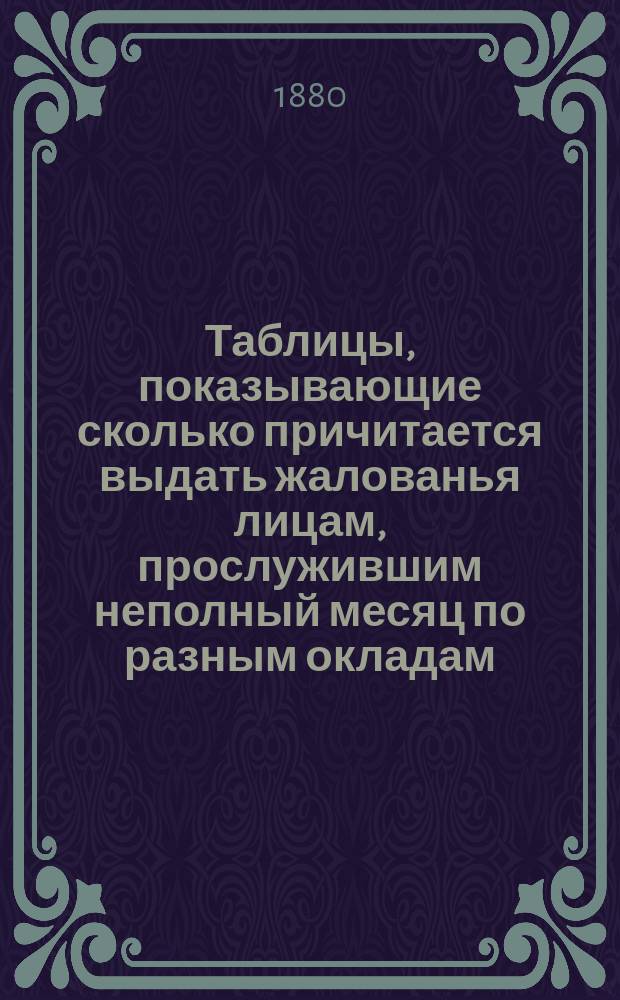 Таблицы, показывающие сколько причитается выдать жалованья лицам, прослужившим неполный месяц по разным окладам, начиная с 25 коп. и кончая 3000 руб. в месяц