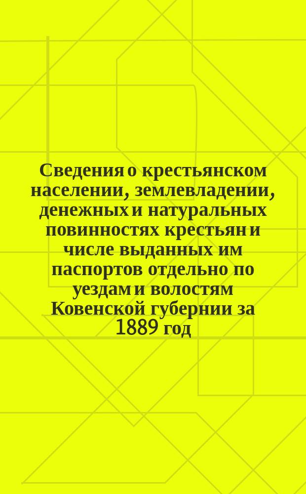 Сведения о крестьянском населении, землевладении, денежных и натуральных повинностях крестьян и числе выданных им паспортов отдельно по уездам и волостям Ковенской губернии за 1889 год