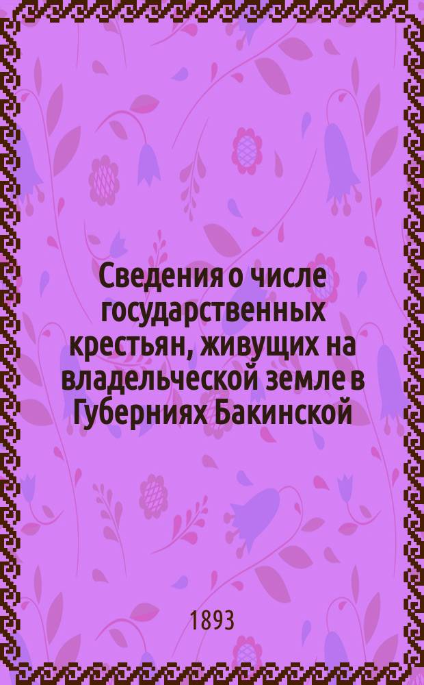 Сведения о числе государственных крестьян, живущих на владельческой земле в Губерниях Бакинской, Елисаветпольской и Эриванской, с показанием количества десятин земли, находящейся в наделе или пользовании у названных крестьян, а также размера и вида повинностей, уплачиваемых крестьянами за эти земли