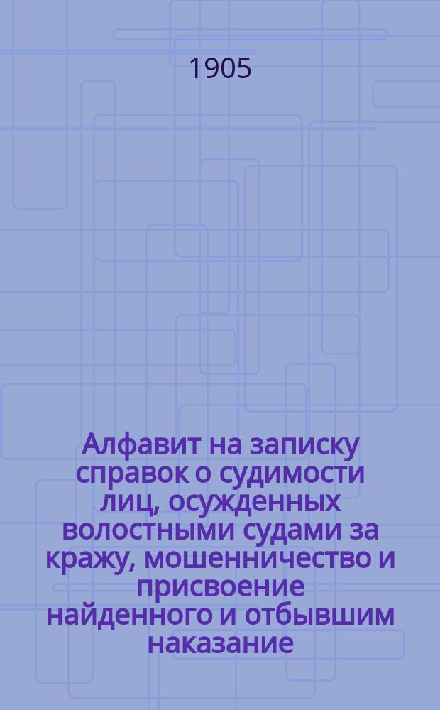 Алфавит на записку справок о судимости лиц, осужденных волостными судами за кражу, мошенничество и присвоение найденного и отбывшим наказание, по Царевококшайскому уезду, Казанской губ. на 1904 год