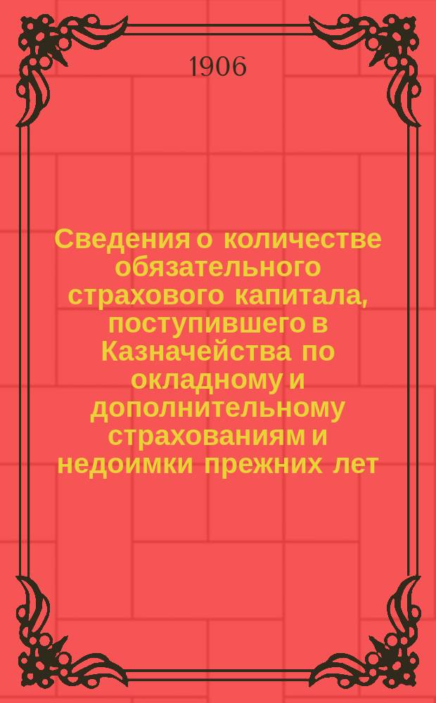 Сведения о количестве обязательного страхового капитала, поступившего в Казначейства по окладному и дополнительному страхованиям и недоимки прежних лет... ... в уплату оклада 1906 года в марте месяце 1906 года [и др. материалы
