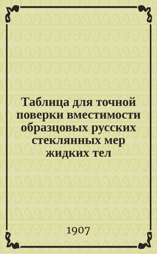 Таблица для точной поверки вместимости образцовых русских стеклянных мер жидких тел. Таблицы для поверки, при посредстве стеклянных образцовых мер и пипеток, точных торговых (из медных сплавов) мер жидкостей, подлежащих оплате акцизом