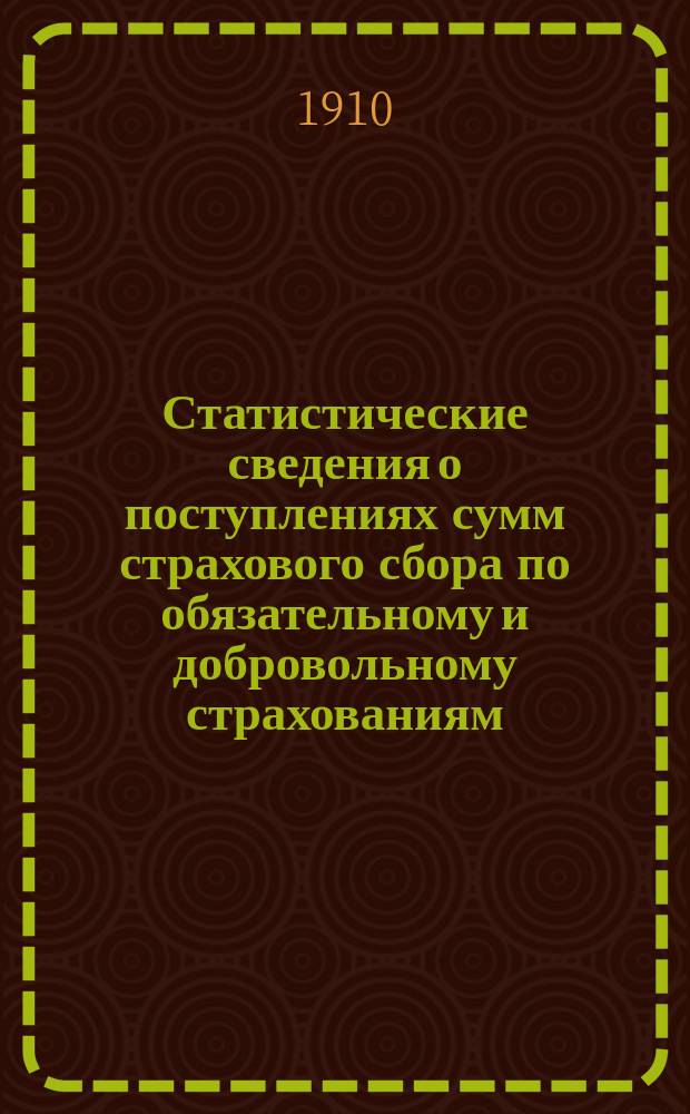 Статистические сведения о поступлениях сумм страхового сбора по обязательному и добровольному страхованиям... и о назначенном вознаграждении за пожарные убытки за тоже время. ... за время с 1-го января по 1-е июля 1910 г.