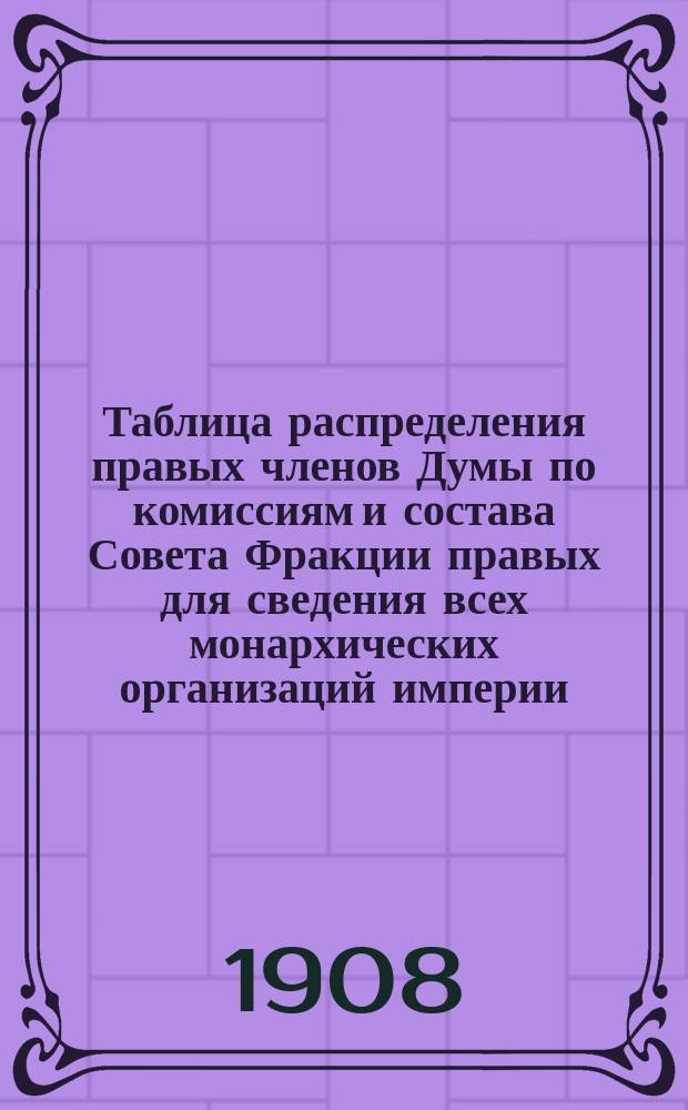 [Таблица распределения правых членов Думы по комиссиям и состава Совета Фракции правых для сведения всех монархических организаций империи]