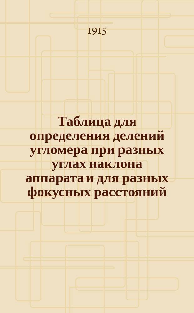 Таблица для определения делений угломера при разных углах наклона аппарата и для разных фокусных расстояний. Таблица масштабов при съемках вертикально вниз : (Сост. для f=21 см)