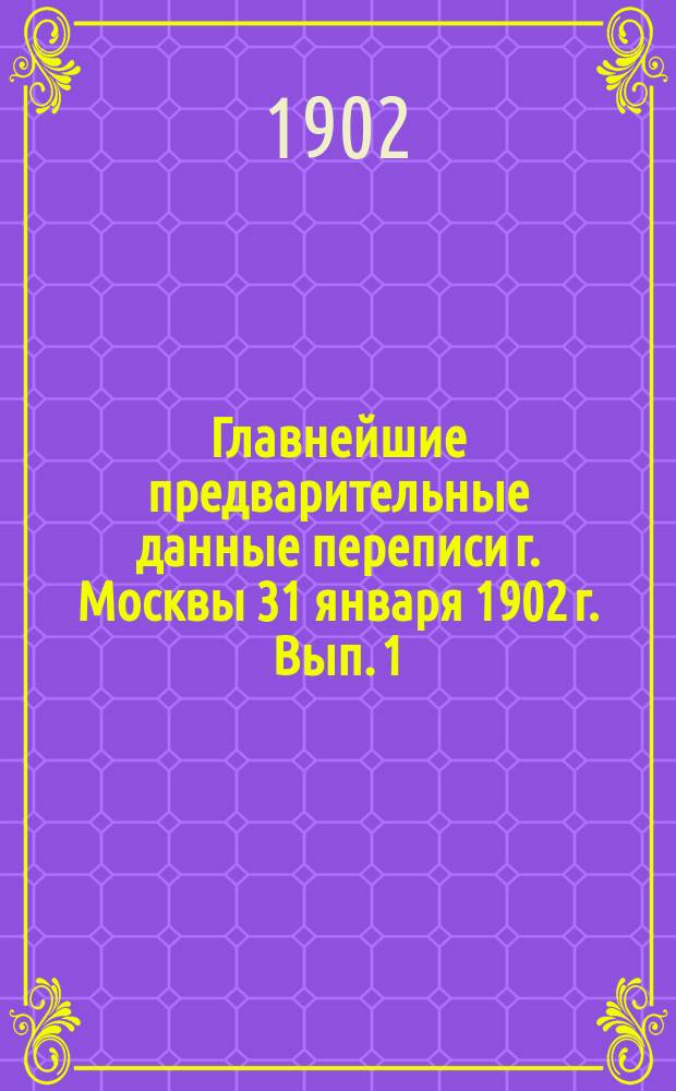 Главнейшие предварительные данные переписи г. Москвы 31 января 1902 г. Вып. 1 : Общая численность населения Москвы и пригородов ее с распределением жителей по полу