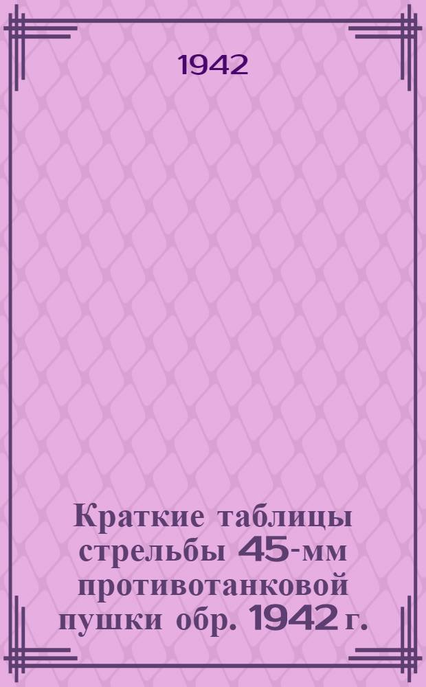 Краткие таблицы стрельбы 45-мм противотанковой пушки обр. 1942 г. : (Модернизированная противотанковая пушка обр. 1937 г.). ТС № 107. Бронебойно-трассирующий снаряд (выстрелы штатные 45-мм противотанковых пушек обр. 1937 и 1942 гг.). Осколочная стальная граната (выстрелы штатные 45-мм противотанковых пушек обр. 1937 и 1942 гг.). Подкалиберный снаряд (выстрел штатный 45-мм противотанковой пушки обр. 1937 г.) : Для систем, снабженных прицелами ПП-1, нарезанными под балистику 45-мм ПТП обр. 1937 г. на крышке обоймы выгравировано ПП к 45-мм : Утв. 17/VII 1942 г