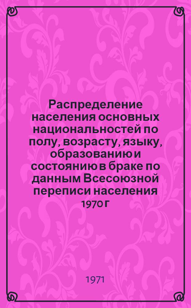 Распределение населения основных национальностей по полу, возрасту, языку, образованию и состоянию в браке по данным Всесоюзной переписи населения 1970 г. .. : (Табл. 31с, 32с и 33с). [11] : ... по Агинскому Бурятскому национальному округу Читинской области