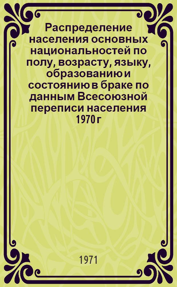Распределение населения основных национальностей по полу, возрасту, языку, образованию и состоянию в браке по данным Всесоюзной переписи населения 1970 г. .. : (Табл. 31с, 32с и 33с). [23] : ... по Якутской АССР