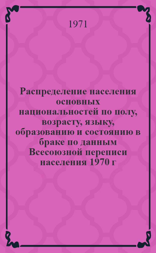 Распределение населения основных национальностей по полу, возрасту, языку, образованию и состоянию в браке по данным Всесоюзной переписи населения 1970 г. .. : [Табл. 11, 12, 13, 14]. [24] : ... по Украинской ССР