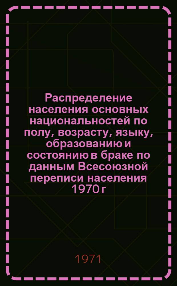 Распределение населения основных национальностей по полу, возрасту, языку, образованию и состоянию в браке по данным Всесоюзной переписи населения 1970 г. .. : [Табл. 11, 12, 13, 14]. [44] : ...по Северо-Осетинской АССР