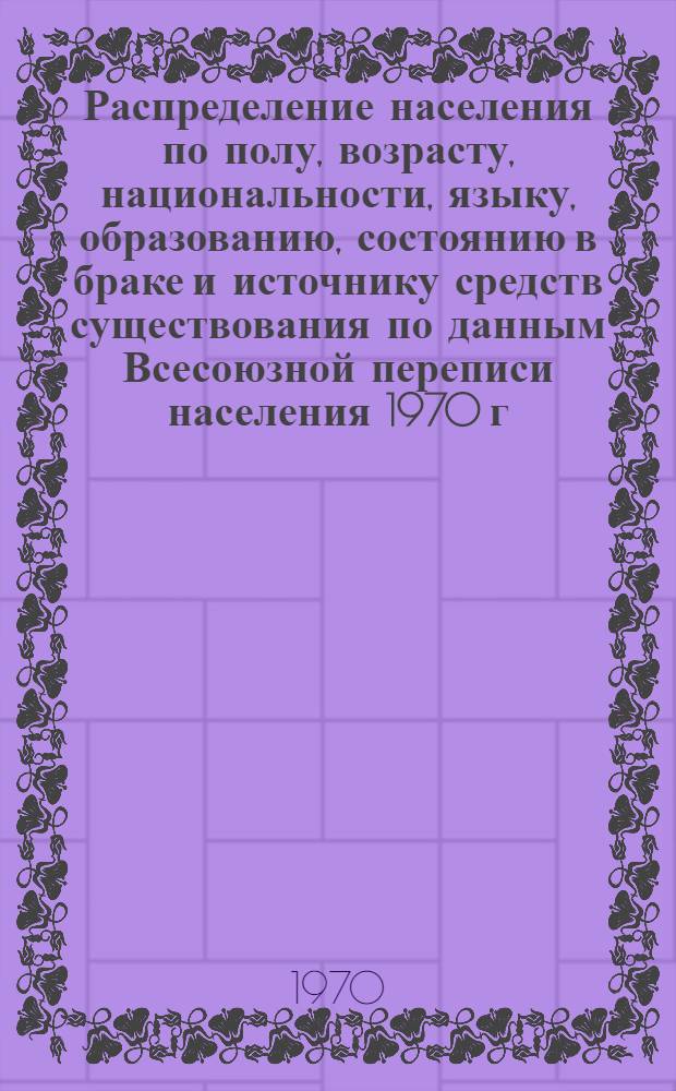 Распределение населения по полу, возрасту, национальности, языку, образованию, состоянию в браке и источнику средств существования по данным Всесоюзной переписи населения 1970 г : [Табл. 1-10] [1]-. [3] : По Азербайджанской ССР