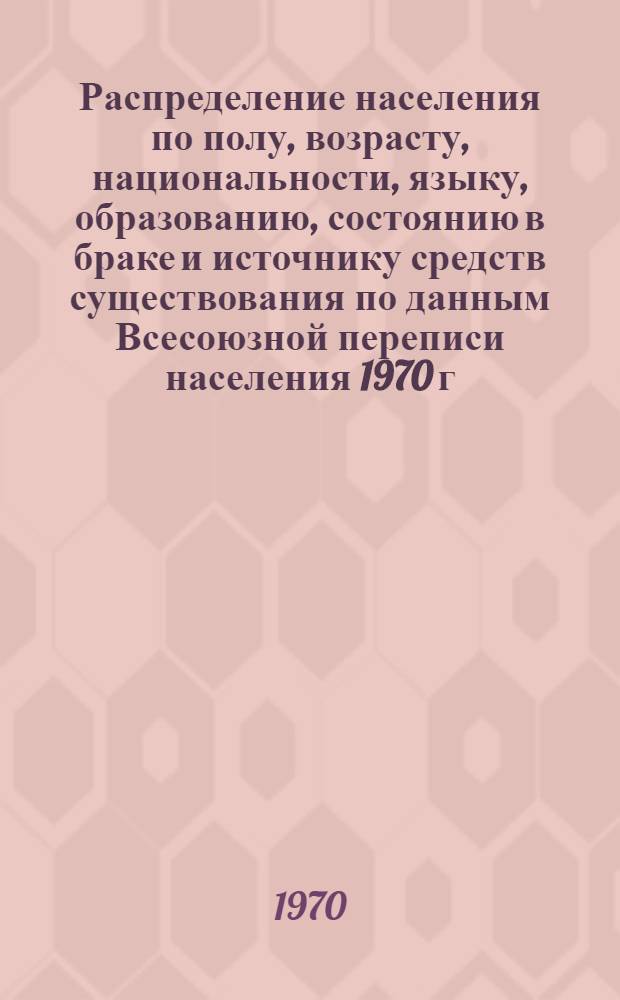 Распределение населения по полу, возрасту, национальности, языку, образованию, состоянию в браке и источнику средств существования по данным Всесоюзной переписи населения 1970 г : [Табл. 1-10] [1]-. [7] : По Амурской области