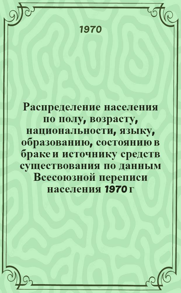 Распределение населения по полу, возрасту, национальности, языку, образованию, состоянию в браке и источнику средств существования по данным Всесоюзной переписи населения 1970 г : [Табл. 1-10] [1]-. [13] : По Бакинскому горсовету