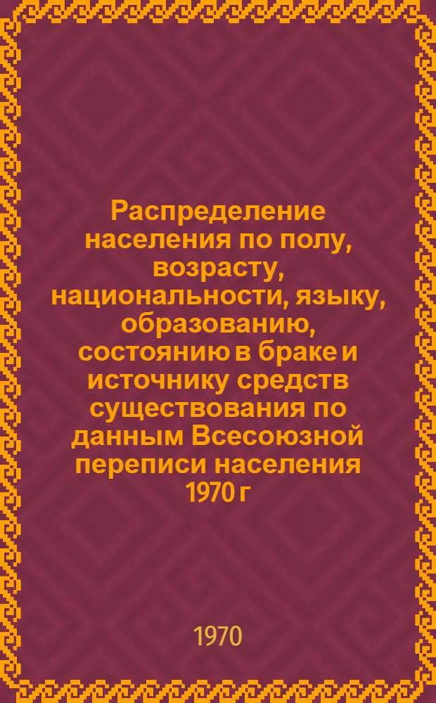 Распределение населения по полу, возрасту, национальности, языку, образованию, состоянию в браке и источнику средств существования по данным Всесоюзной переписи населения 1970 г : [Табл. 1-10] [1]-. [40] : По Запорожской области