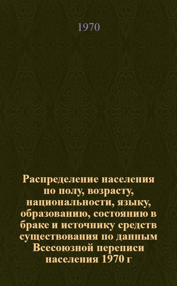 Распределение населения по полу, возрасту, национальности, языку, образованию, состоянию в браке и источнику средств существования по данным Всесоюзной переписи населения 1970 г : [Табл. 1-10] [1]-. [54] : По Кашкадарьинской области