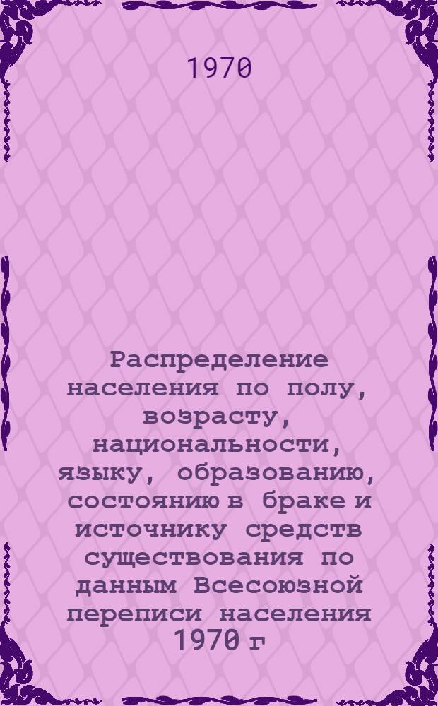 Распределение населения по полу, возрасту, национальности, языку, образованию, состоянию в браке и источнику средств существования по данным Всесоюзной переписи населения 1970 г : [Табл. 1-10] [1]-. [67] : По Краснодарскому краю