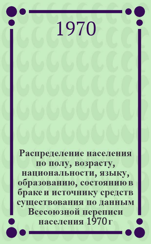 Распределение населения по полу, возрасту, национальности, языку, образованию, состоянию в браке и источнику средств существования по данным Всесоюзной переписи населения 1970 г : [Табл. 1-10] [1]-. [73] : По Кустанайской области
