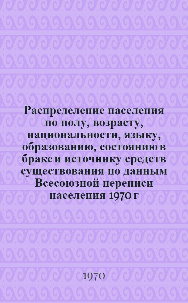 Распределение населения по полу, возрасту, национальности, языку, образованию, состоянию в браке и источнику средств существования по данным Всесоюзной переписи населения 1970 г : [Табл. 1-10] [1]-. [83] : По Минскому горсовету