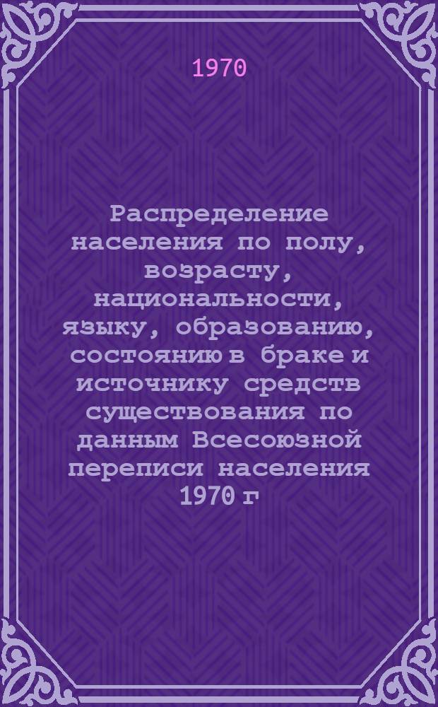 Распределение населения по полу, возрасту, национальности, языку, образованию, состоянию в браке и источнику средств существования по данным Всесоюзной переписи населения 1970 г : [Табл. 1-10] [1]-. [88] : По Московской области