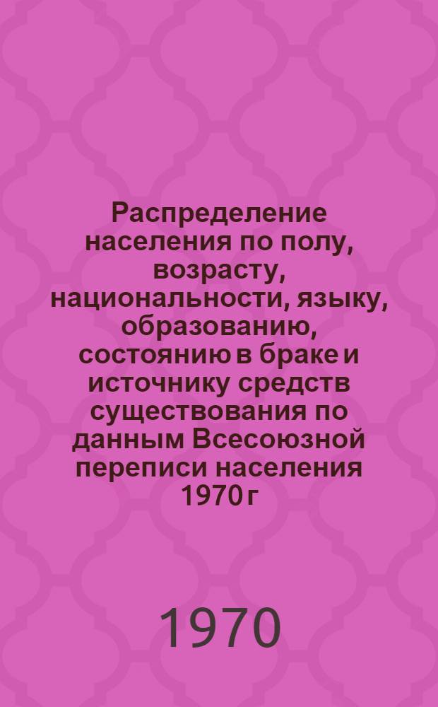 Распределение населения по полу, возрасту, национальности, языку, образованию, состоянию в браке и источнику средств существования по данным Всесоюзной переписи населения 1970 г : [Табл. 1-10] [1]-. [95] : По Новосибирской области