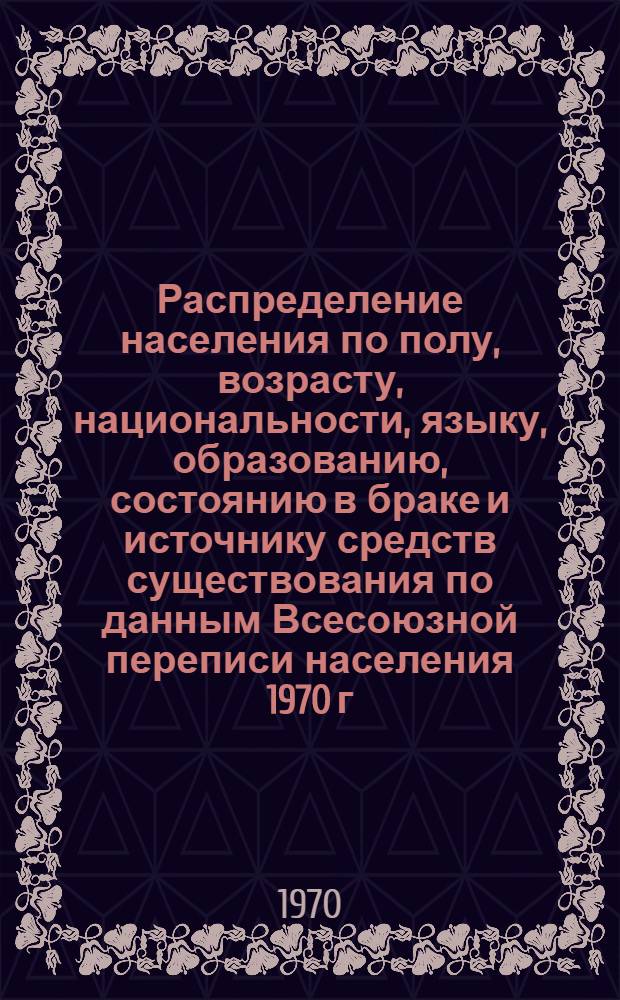 Распределение населения по полу, возрасту, национальности, языку, образованию, состоянию в браке и источнику средств существования по данным Всесоюзной переписи населения 1970 г : [Табл. 1-10] [1]-. [105] : По г. Риге