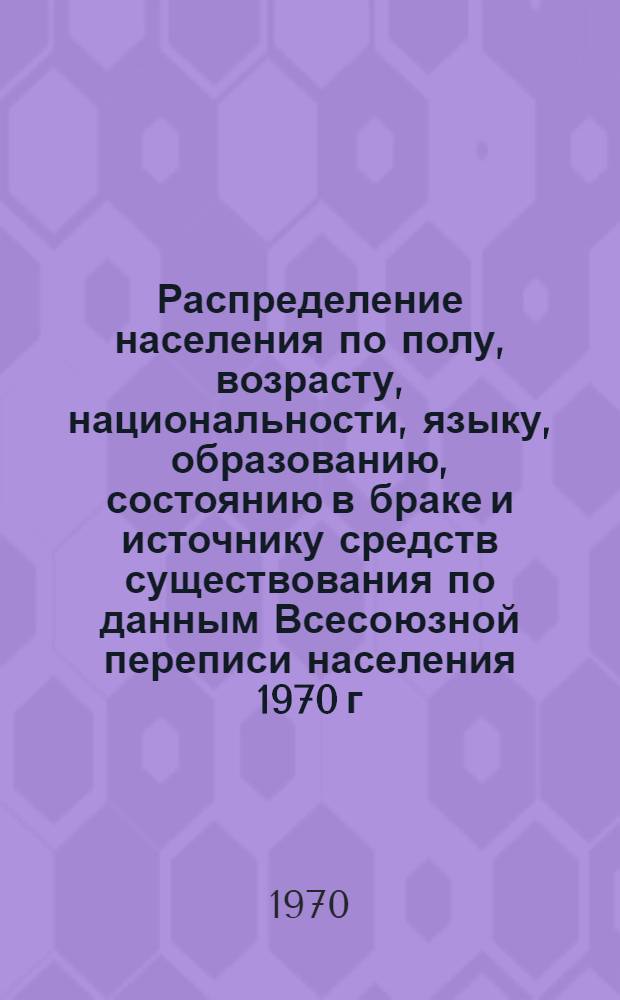 Распределение населения по полу, возрасту, национальности, языку, образованию, состоянию в браке и источнику средств существования по данным Всесоюзной переписи населения 1970 г : [Табл. 1-10] [1]-. [106] : По Ровенской области