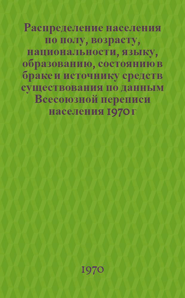 Распределение населения по полу, возрасту, национальности, языку, образованию, состоянию в браке и источнику средств существования по данным Всесоюзной переписи населения 1970 г : [Табл. 1-10] [1]-. [109] : По Рязанской области