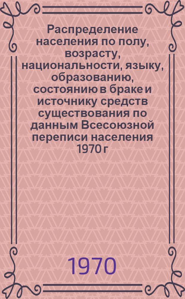 Распределение населения по полу, возрасту, национальности, языку, образованию, состоянию в браке и источнику средств существования по данным Всесоюзной переписи населения 1970 г : [Табл. 1-10] [1]-. [118] : По Ставропольскому краю