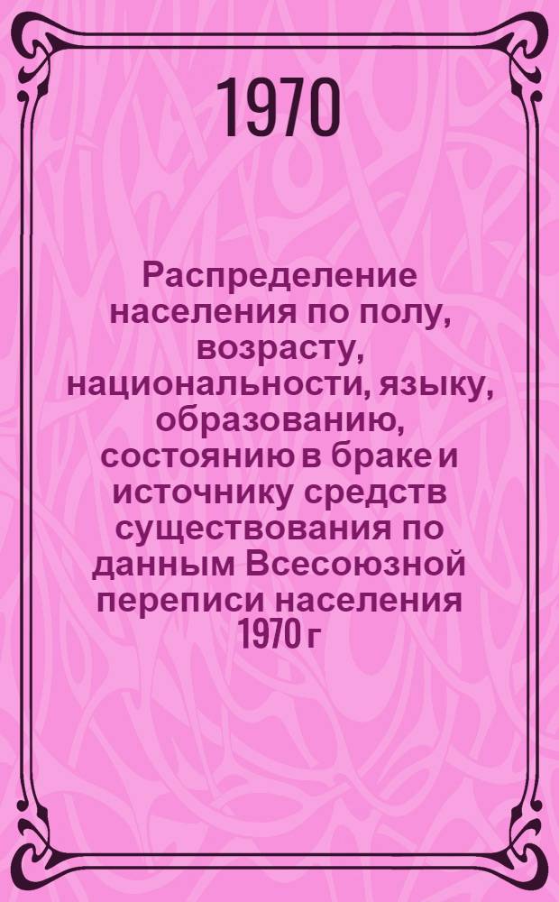 Распределение населения по полу, возрасту, национальности, языку, образованию, состоянию в браке и источнику средств существования по данным Всесоюзной переписи населения 1970 г : [Табл. 1-10] [1]-. [121] : По Сырдарьинской области