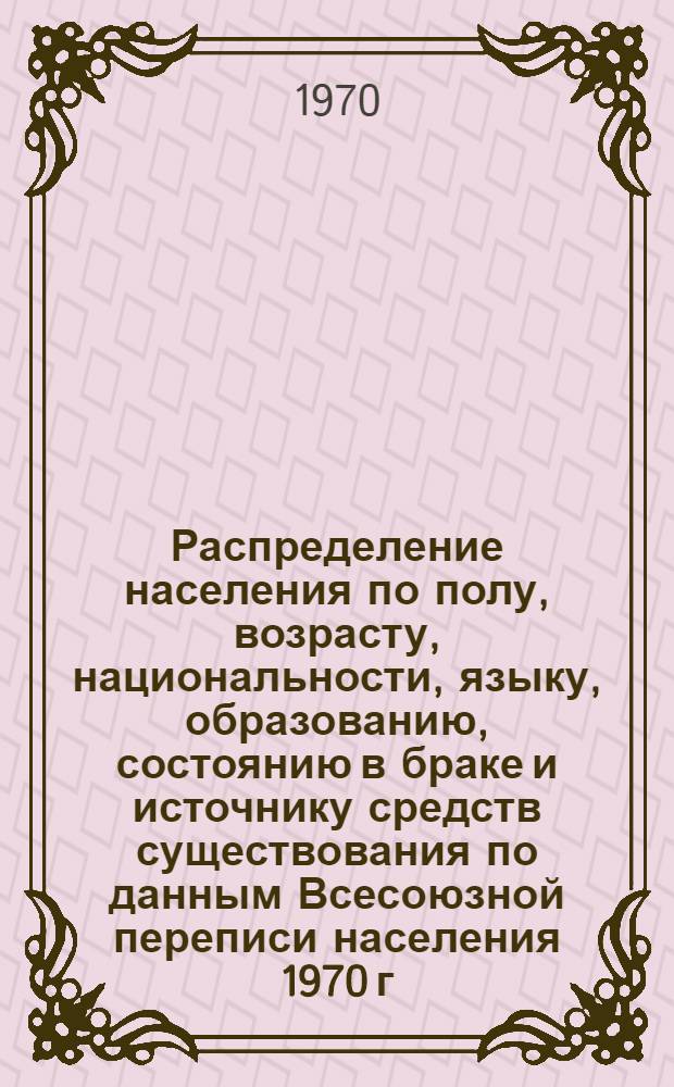 Распределение населения по полу, возрасту, национальности, языку, образованию, состоянию в браке и источнику средств существования по данным Всесоюзной переписи населения 1970 г : [Табл. 1-10] [1]-. [128] : По Ташкентской области