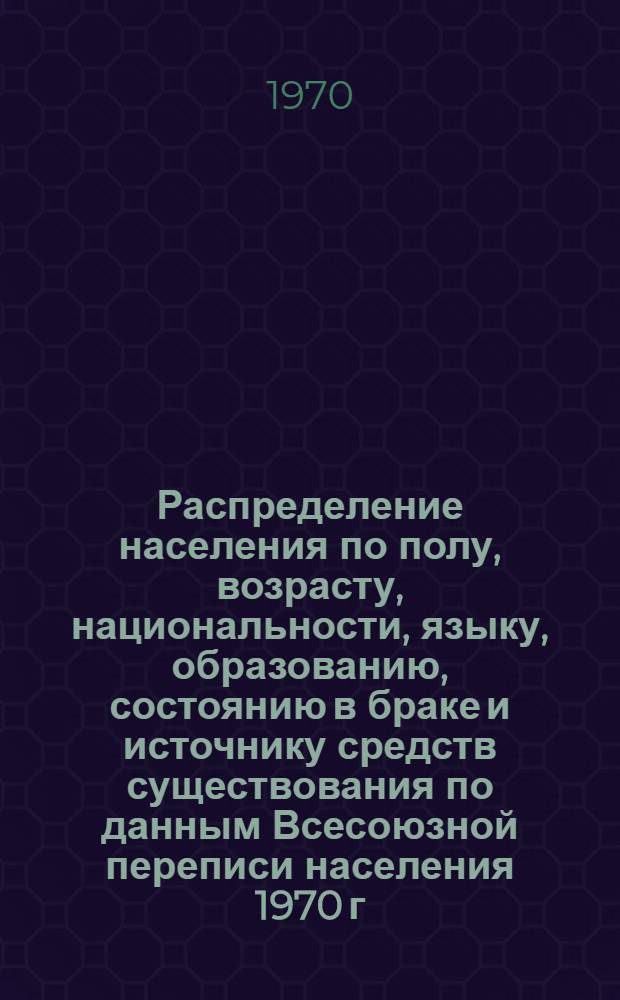 Распределение населения по полу, возрасту, национальности, языку, образованию, состоянию в браке и источнику средств существования по данным Всесоюзной переписи населения 1970 г : [Табл. 1-10] [1]-. [136] : По Удмуртской АССР