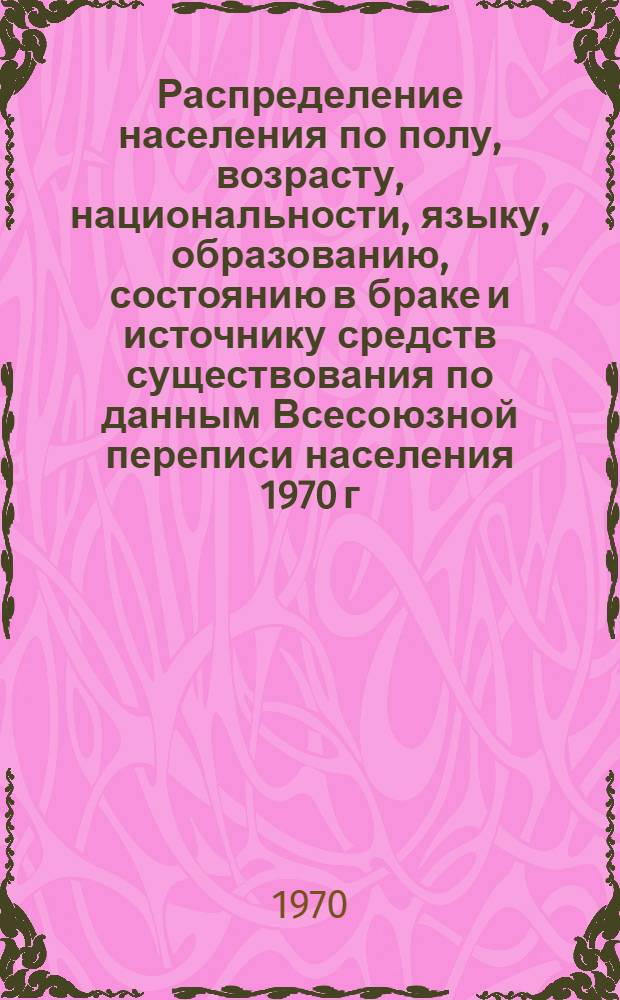 Распределение населения по полу, возрасту, национальности, языку, образованию, состоянию в браке и источнику средств существования по данным Всесоюзной переписи населения 1970 г : [Табл. 1-10] [1]-. [137] : По Узбекской ССР