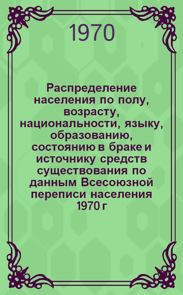 Распределение населения по полу, возрасту, национальности, языку, образованию, состоянию в браке и источнику средств существования по данным Всесоюзной переписи населения 1970 г : [Табл. 1-10] [1]-. [140] : По Уральской области