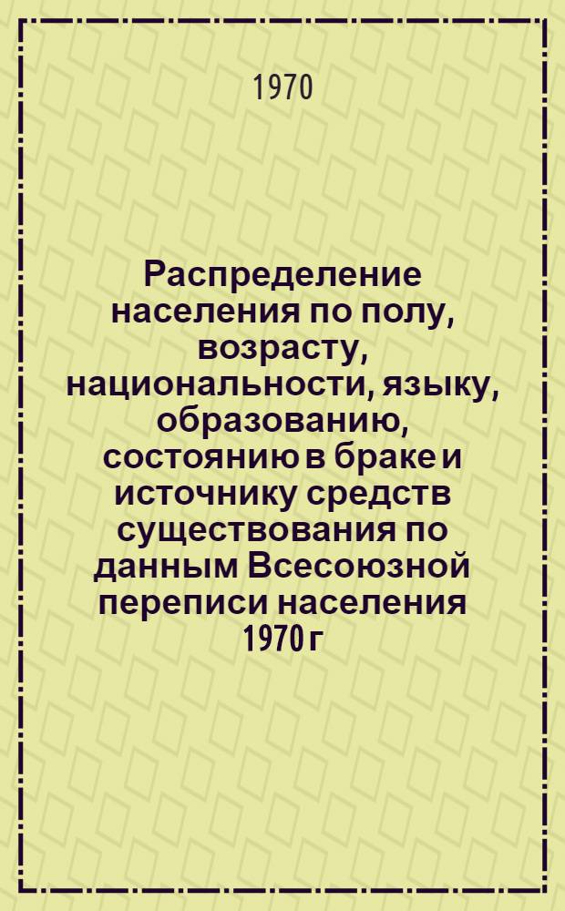 Распределение населения по полу, возрасту, национальности, языку, образованию, состоянию в браке и источнику средств существования по данным Всесоюзной переписи населения 1970 г : [Табл. 1-10] [1]-. [148] : По Хорезмской области