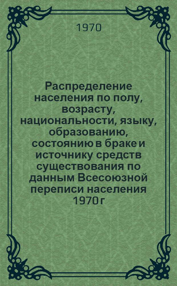 Распределение населения по полу, возрасту, национальности, языку, образованию, состоянию в браке и источнику средств существования по данным Всесоюзной переписи населения 1970 г : [Табл. 1-10] [1]-. [159] : По Юго-Осетинской автономной области Грузинской ССР