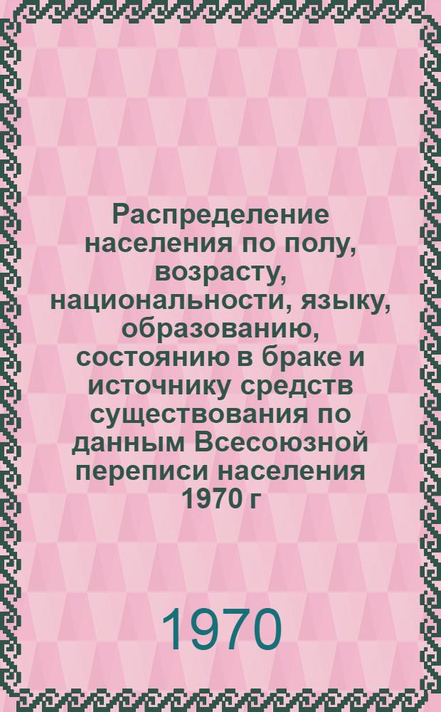 Распределение населения по полу, возрасту, национальности, языку, образованию, состоянию в браке и источнику средств существования по данным Всесоюзной переписи населения 1970 г : [Табл. 1-10] [1]-. [166] : По Владимирской области