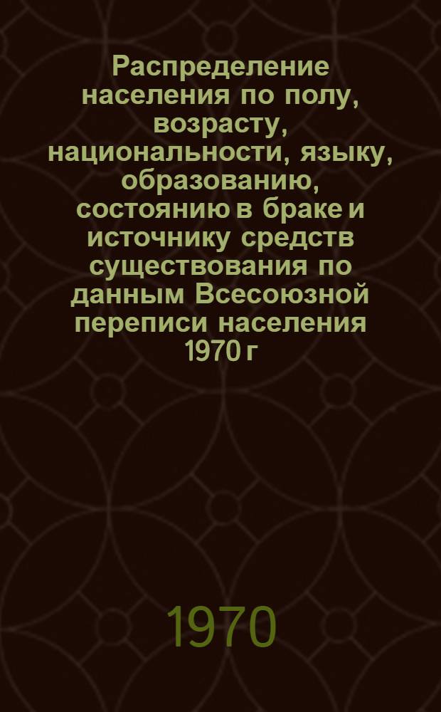 Распределение населения по полу, возрасту, национальности, языку, образованию, состоянию в браке и источнику средств существования по данным Всесоюзной переписи населения 1970 г : [Табл. 1-10] [1]-. [169] : По Восточно-Казахстанской области